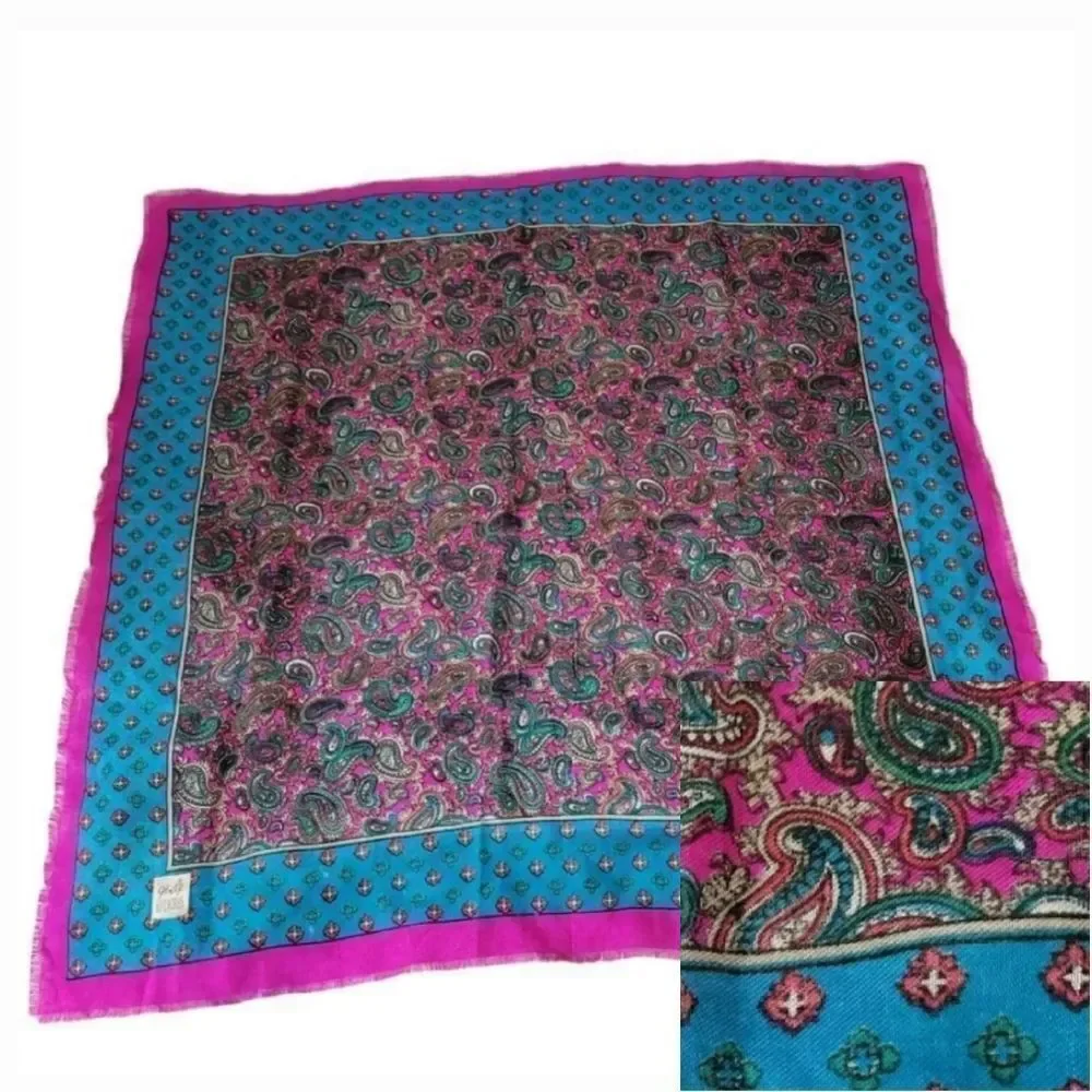 NEW Vintage 70's Glentex Paisley Raw Hem Scarf in Fuschia Pink and Blue 31x31